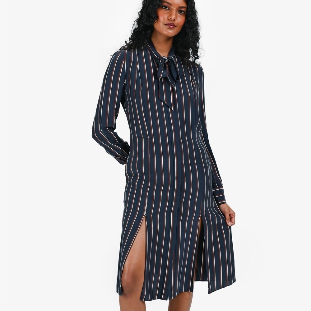 Frame Navy Blue Striped Silk Tie Neck Long Sleeve Midi Shirt Dress - Medium - Picture 3 of 8